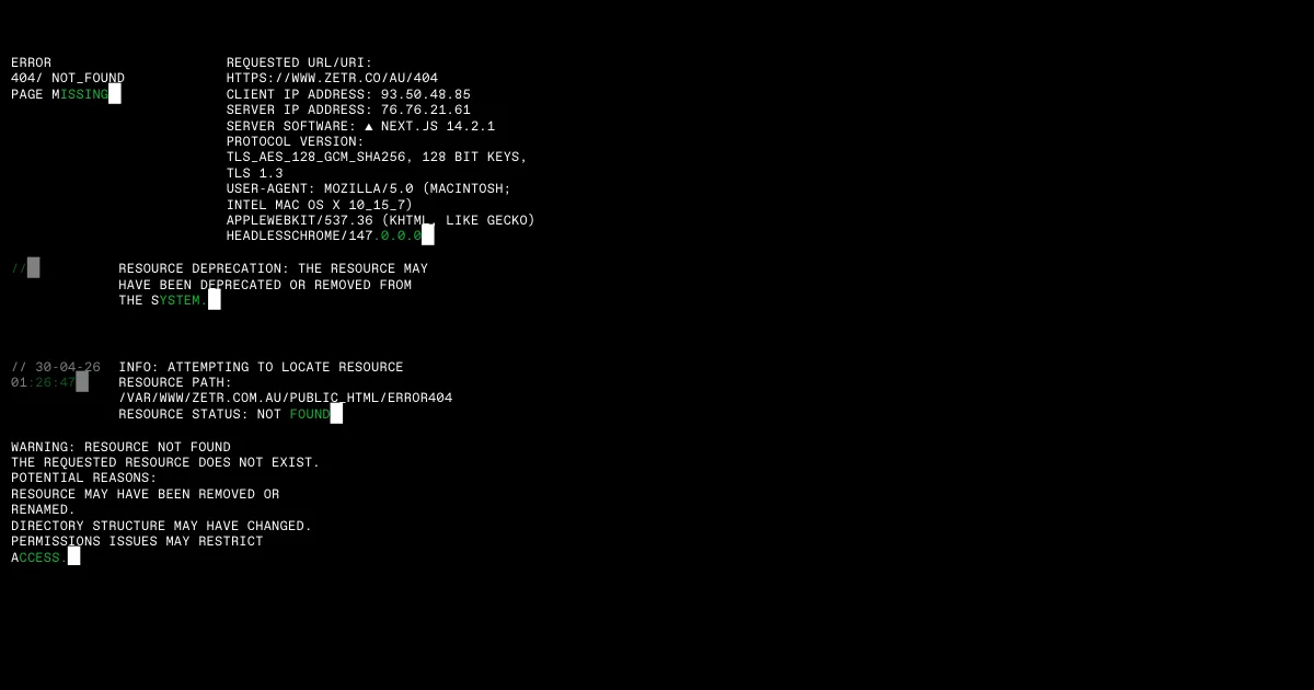 Screenshot della pagina 404 di ZETR