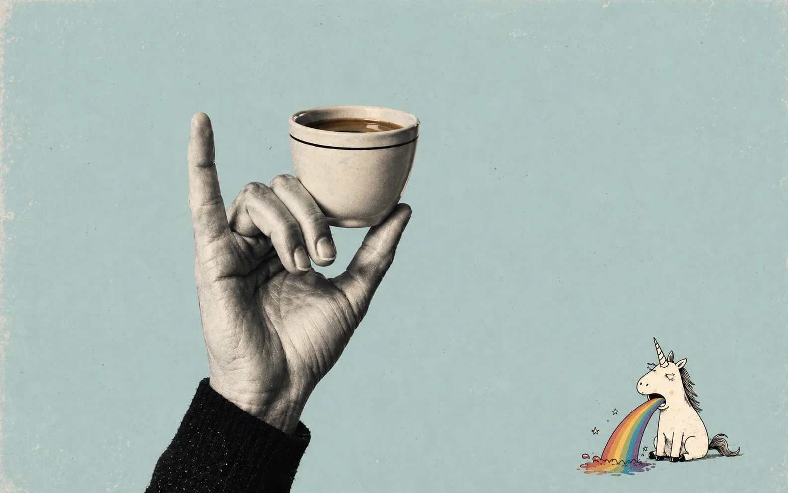 Mano che regge una tazzina di caffè con il mignolino alzato